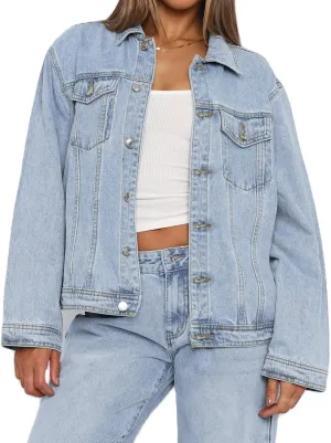 2025 Jean Jackets for Women Casual Long Sleeve Button Up Denim Jacket Western Oversized Shacket Jacket