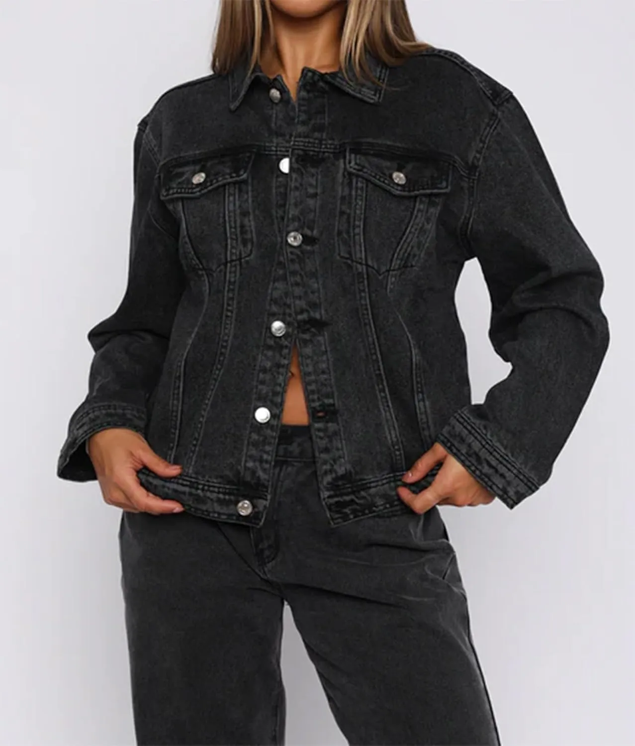 2025 Jean Jackets for Women Casual Long Sleeve Button Up Denim Jacket Western Oversized Shacket Jacket