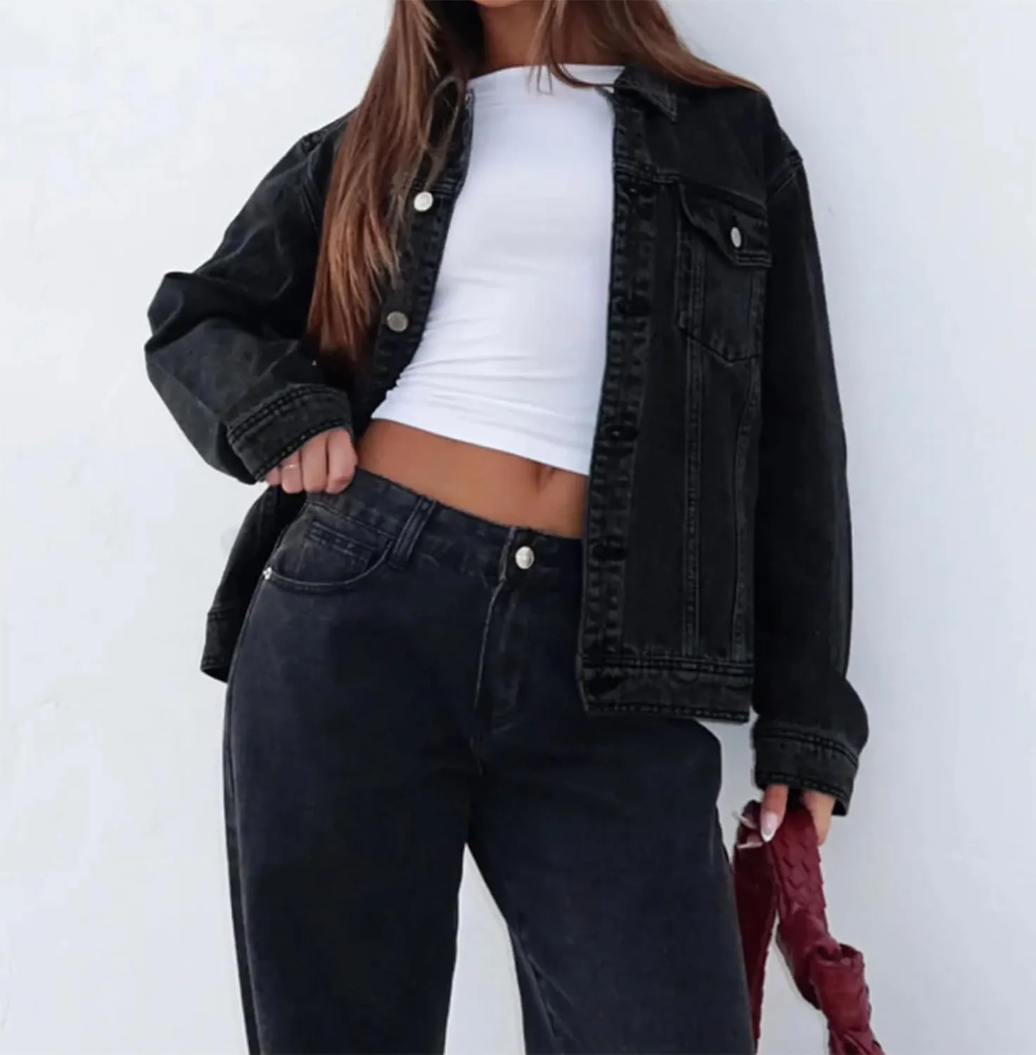 2025 Jean Jackets for Women Casual Long Sleeve Button Up Denim Jacket Western Oversized Shacket Jacket