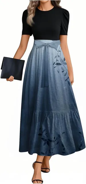 2025 Spring Dresses, Trendy Elegant Maxi Womens Jumpsuit Flower Print Bow Crew Neck Womens Romper