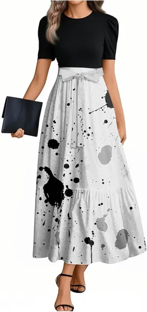 2025 Spring Dresses, Trendy Elegant Maxi Womens Jumpsuit Flower Print Bow Crew Neck Womens Romper