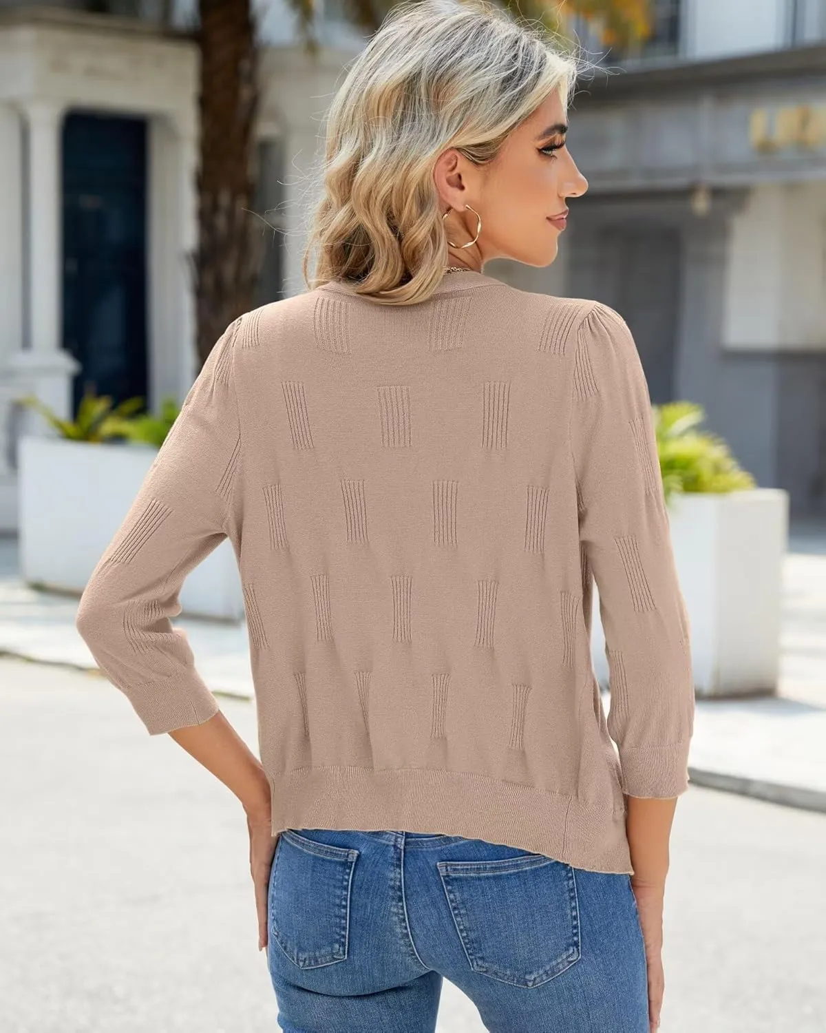 3/4 Sleeve Cardigan for Women Lightweight Summer Cardigan Open Front Cropped Shrugs Knit Sweater Tops