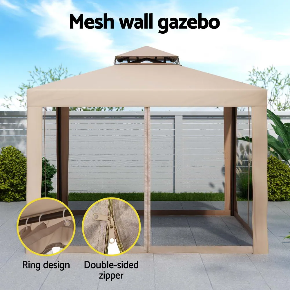 3x3m Gazebo Marquee Wedding Party Tent Outdoor Camping Mesh Wall Canopy Shade Brown