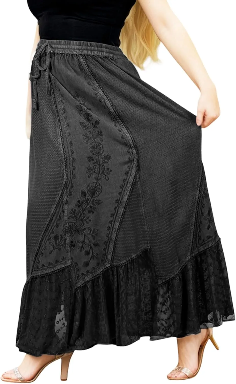 Agan Traders Women's 2025 Spring Elastic Waistband Flare Hem Boho Skirt - Long Renaissance Embroidered Maxi Skirt