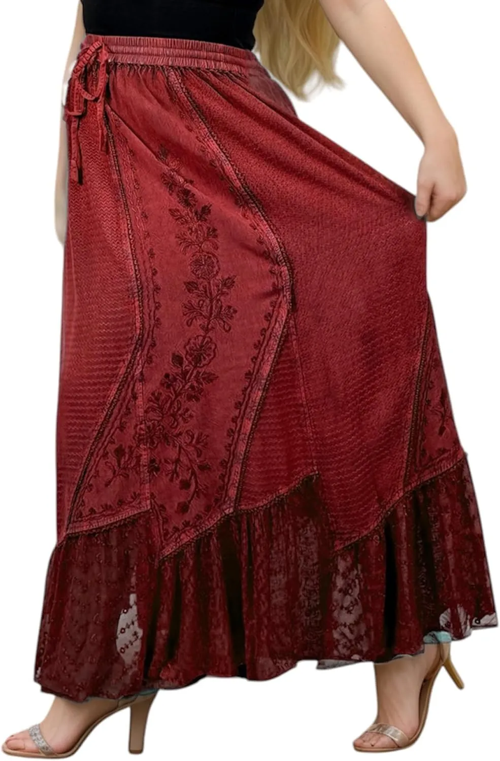 Agan Traders Women's 2025 Spring Elastic Waistband Flare Hem Boho Skirt - Long Renaissance Embroidered Maxi Skirt