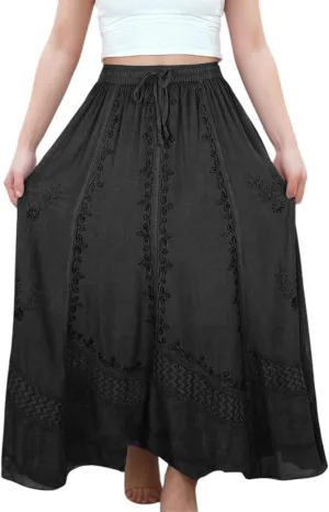Agan Traders Women's 2025 Spring Elastic Waistband Flare Hem Boho Skirt - Long Renaissance Embroidered Maxi Skirt