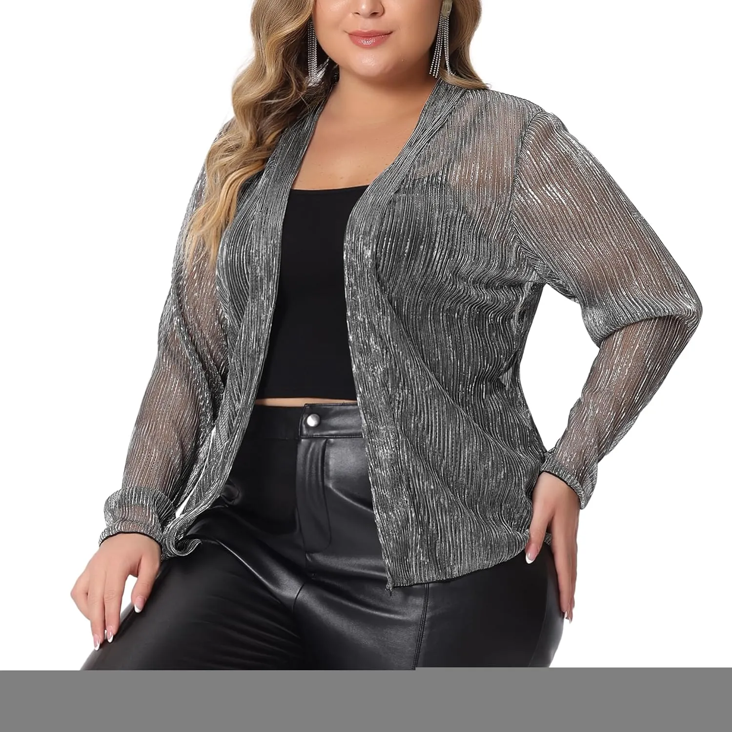 Agnes Orinda Plus Size Cardigans for Women Sheer Open Front Long Sleeve Glitter Party Shirt 2024 Summer