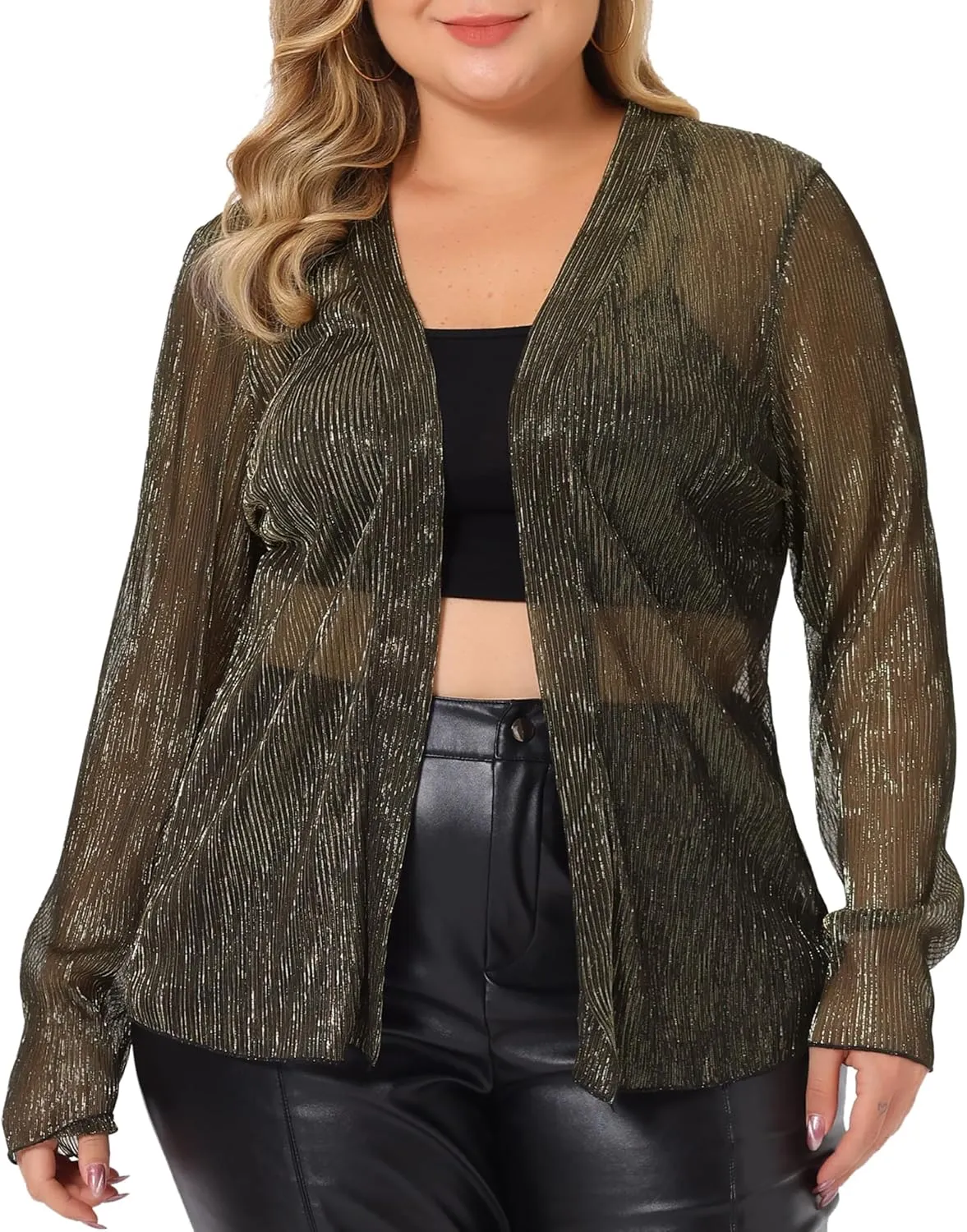 Agnes Orinda Plus Size Cardigans for Women Sheer Open Front Long Sleeve Glitter Party Shirt 2024 Summer