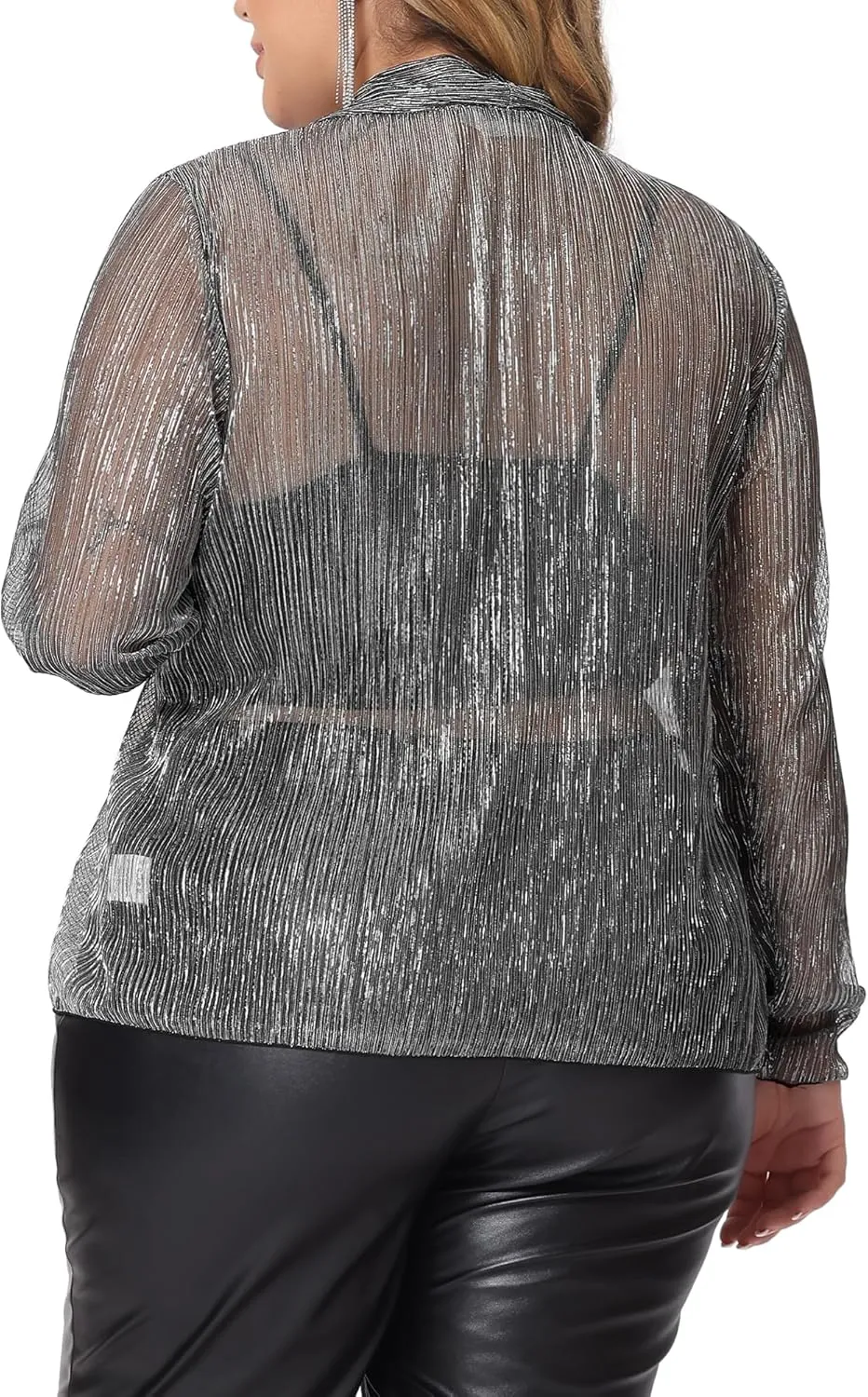 Agnes Orinda Plus Size Cardigans for Women Sheer Open Front Long Sleeve Glitter Party Shirt 2024 Summer