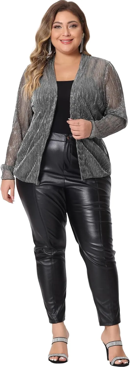 Agnes Orinda Plus Size Cardigans for Women Sheer Open Front Long Sleeve Glitter Party Shirt 2024 Summer