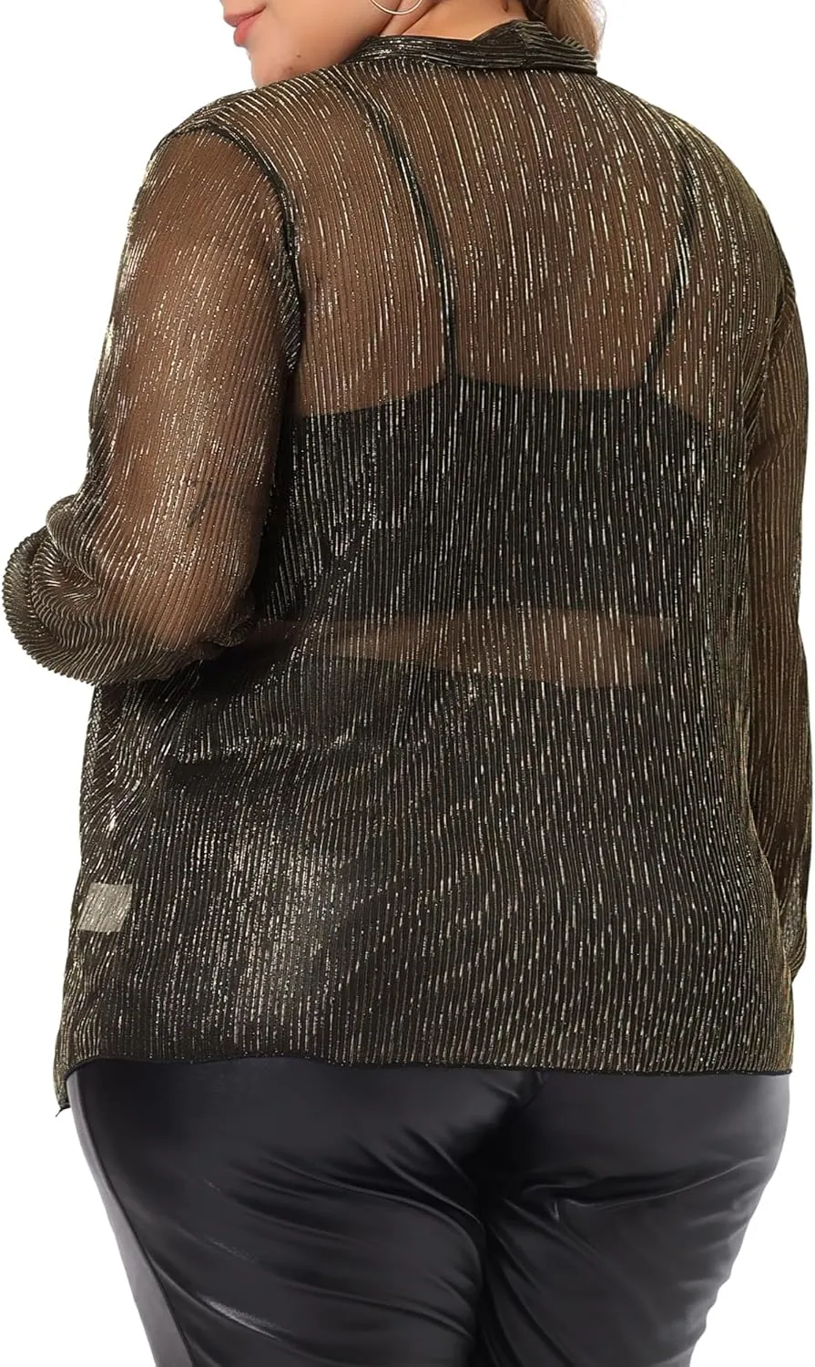 Agnes Orinda Plus Size Cardigans for Women Sheer Open Front Long Sleeve Glitter Party Shirt 2024 Summer