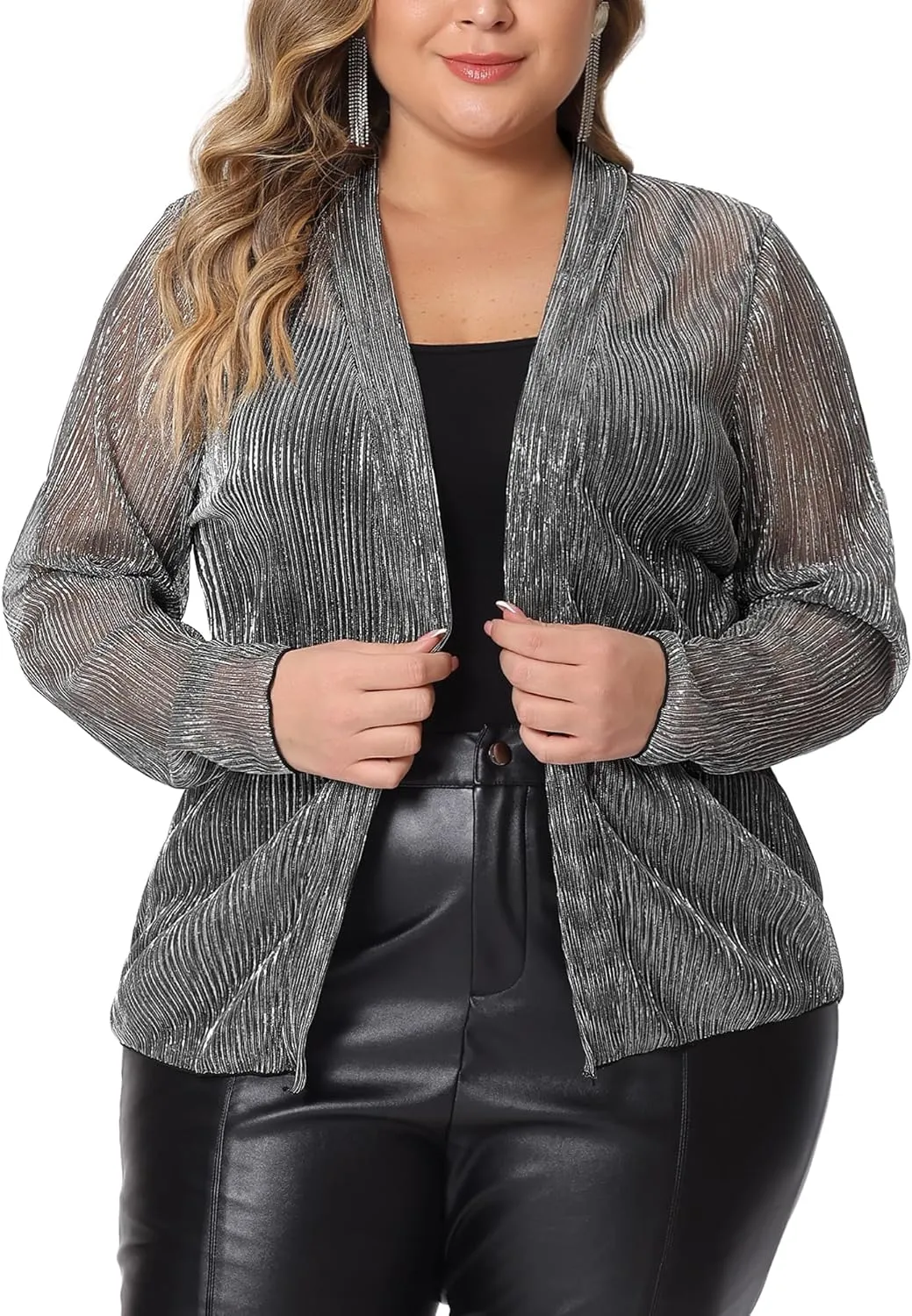 Agnes Orinda Plus Size Cardigans for Women Sheer Open Front Long Sleeve Glitter Party Shirt 2024 Summer