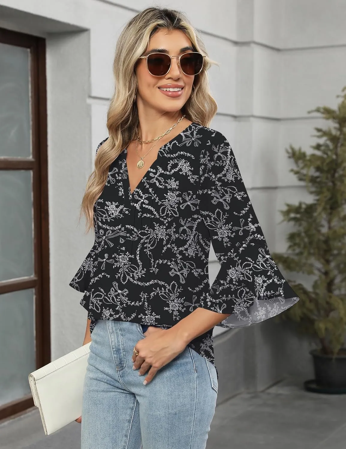 AKEWEI 3/4 Length Sleeve Womens Tops Double Layered Dressy Casual Business Work Blouses V Neck Office Tunic Shirts