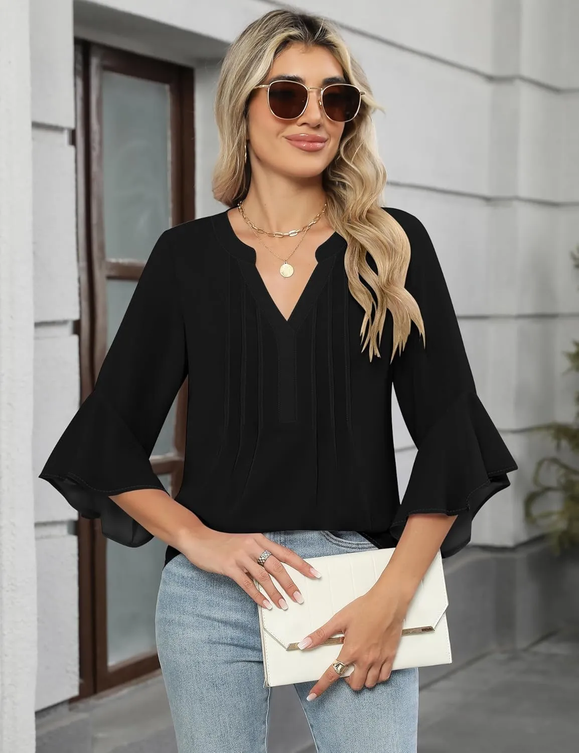 AKEWEI 3/4 Length Sleeve Womens Tops Double Layered Dressy Casual Business Work Blouses V Neck Office Tunic Shirts