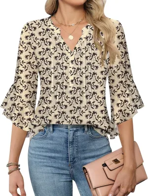 AKEWEI 3/4 Length Sleeve Womens Tops Double Layered Dressy Casual Business Work Blouses V Neck Office Tunic Shirts