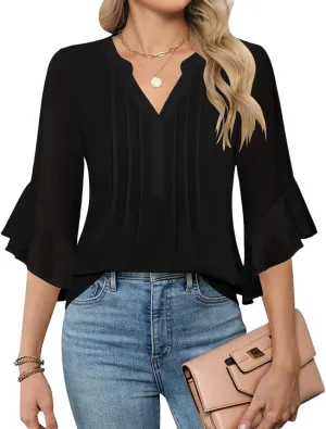 AKEWEI 3/4 Length Sleeve Womens Tops Double Layered Dressy Casual Business Work Blouses V Neck Office Tunic Shirts