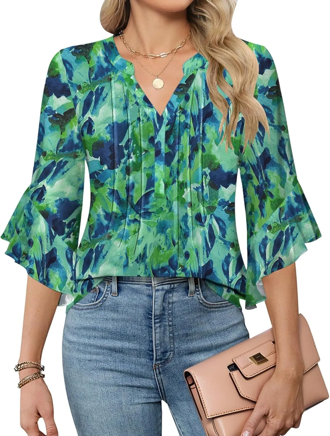 AKEWEI 3/4 Length Sleeve Womens Tops Double Layered Dressy Casual Business Work Blouses V Neck Office Tunic Shirts