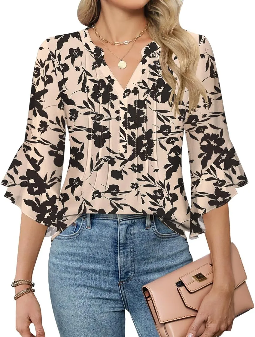 AKEWEI 3/4 Length Sleeve Womens Tops Double Layered Dressy Casual Business Work Blouses V Neck Office Tunic Shirts