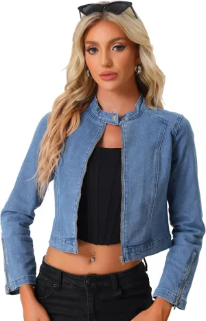 Allegra K Denim Jacket for Women's Long Sleeve Zip Up Casual Jean Jackets