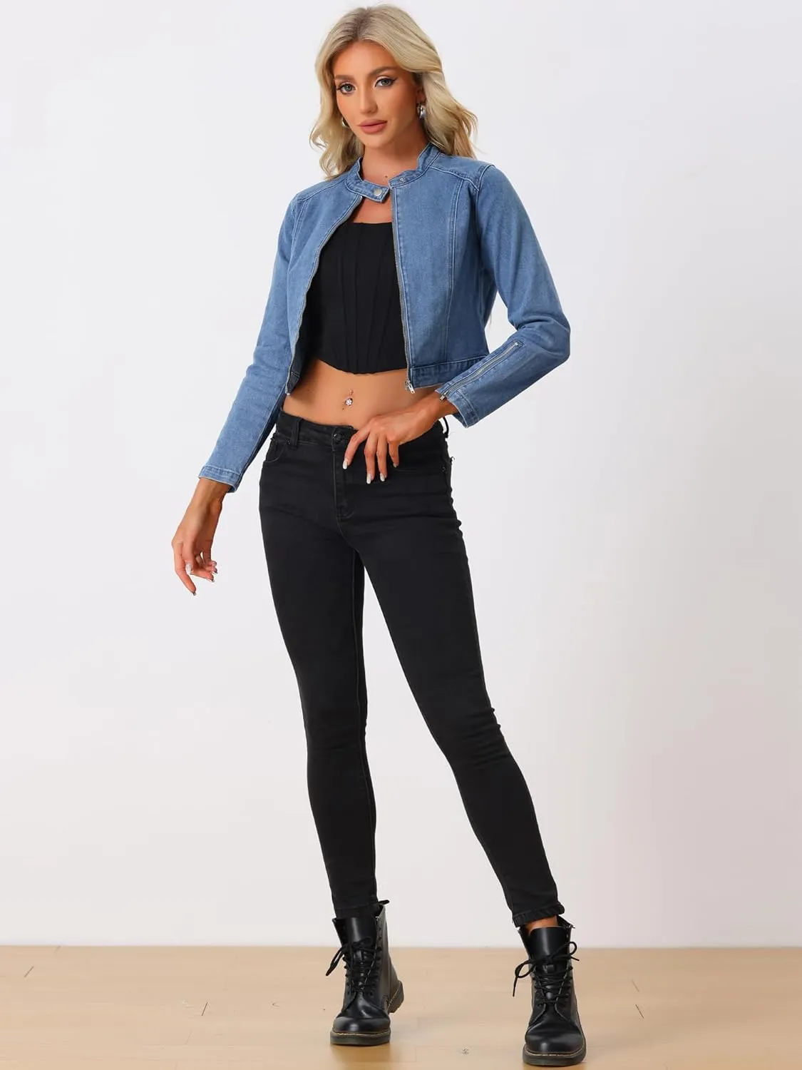 Allegra K Denim Jacket for Women's Long Sleeve Zip Up Casual Jean Jackets
