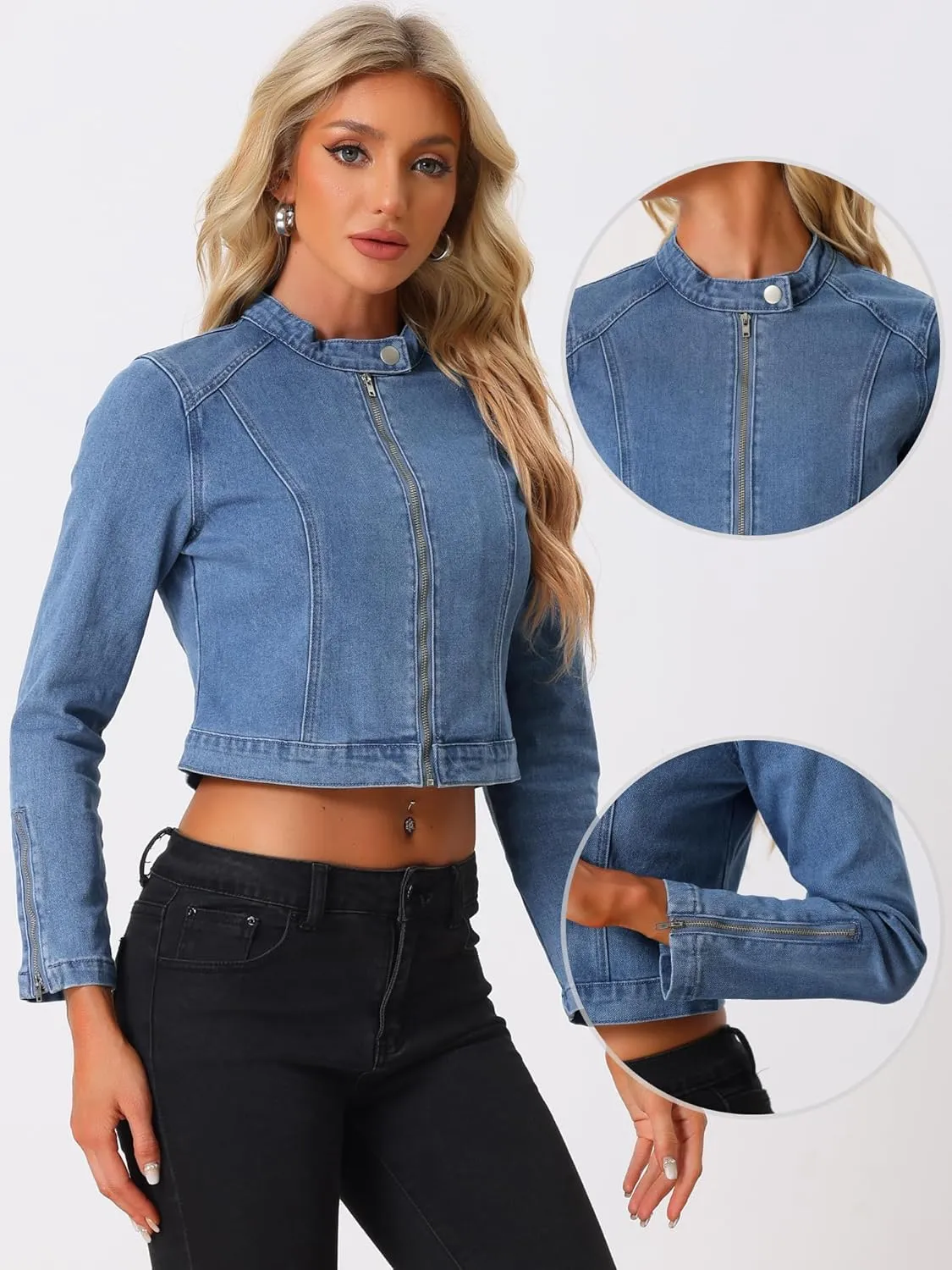 Allegra K Denim Jacket for Women's Long Sleeve Zip Up Casual Jean Jackets