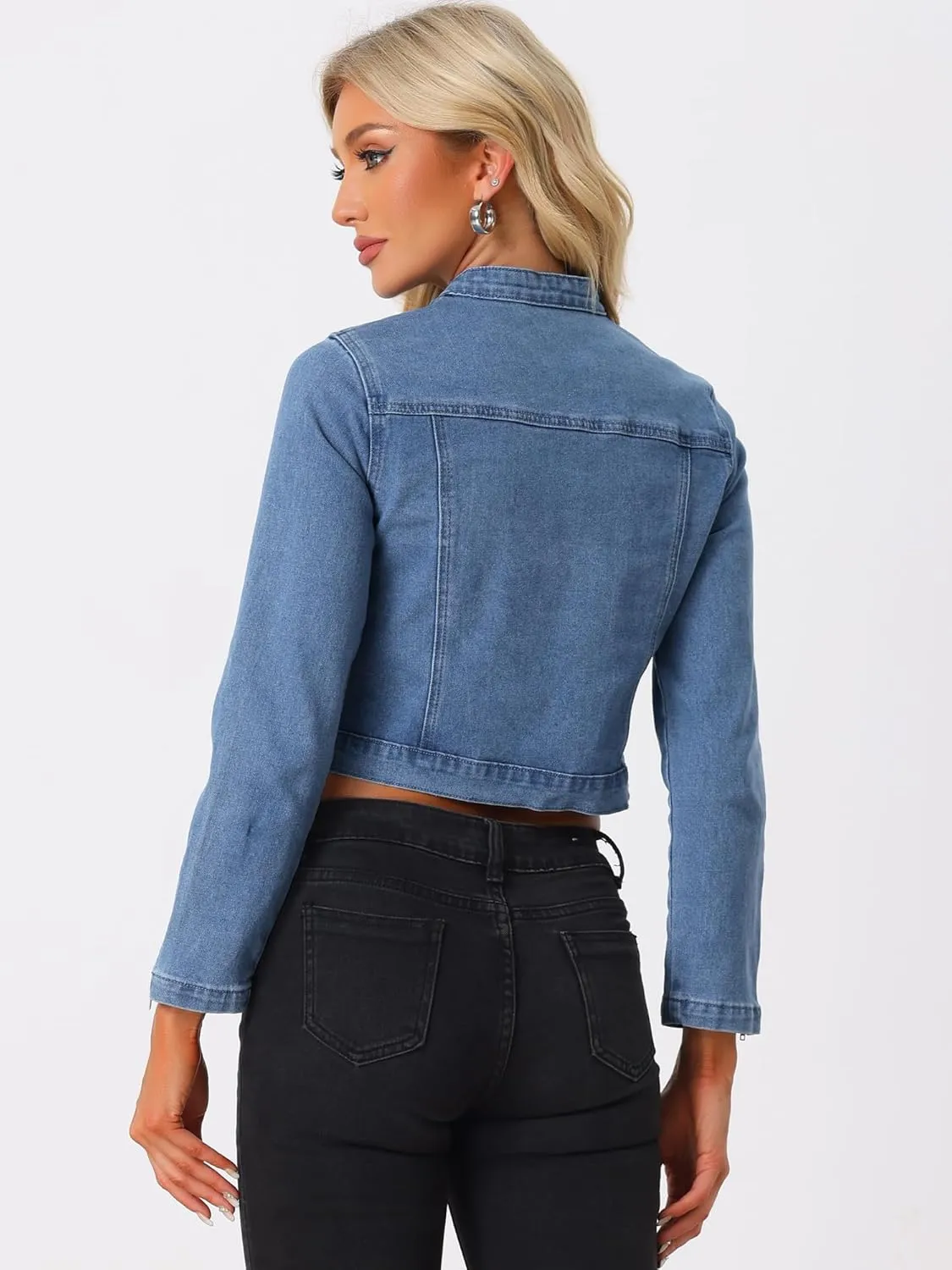 Allegra K Denim Jacket for Women's Long Sleeve Zip Up Casual Jean Jackets