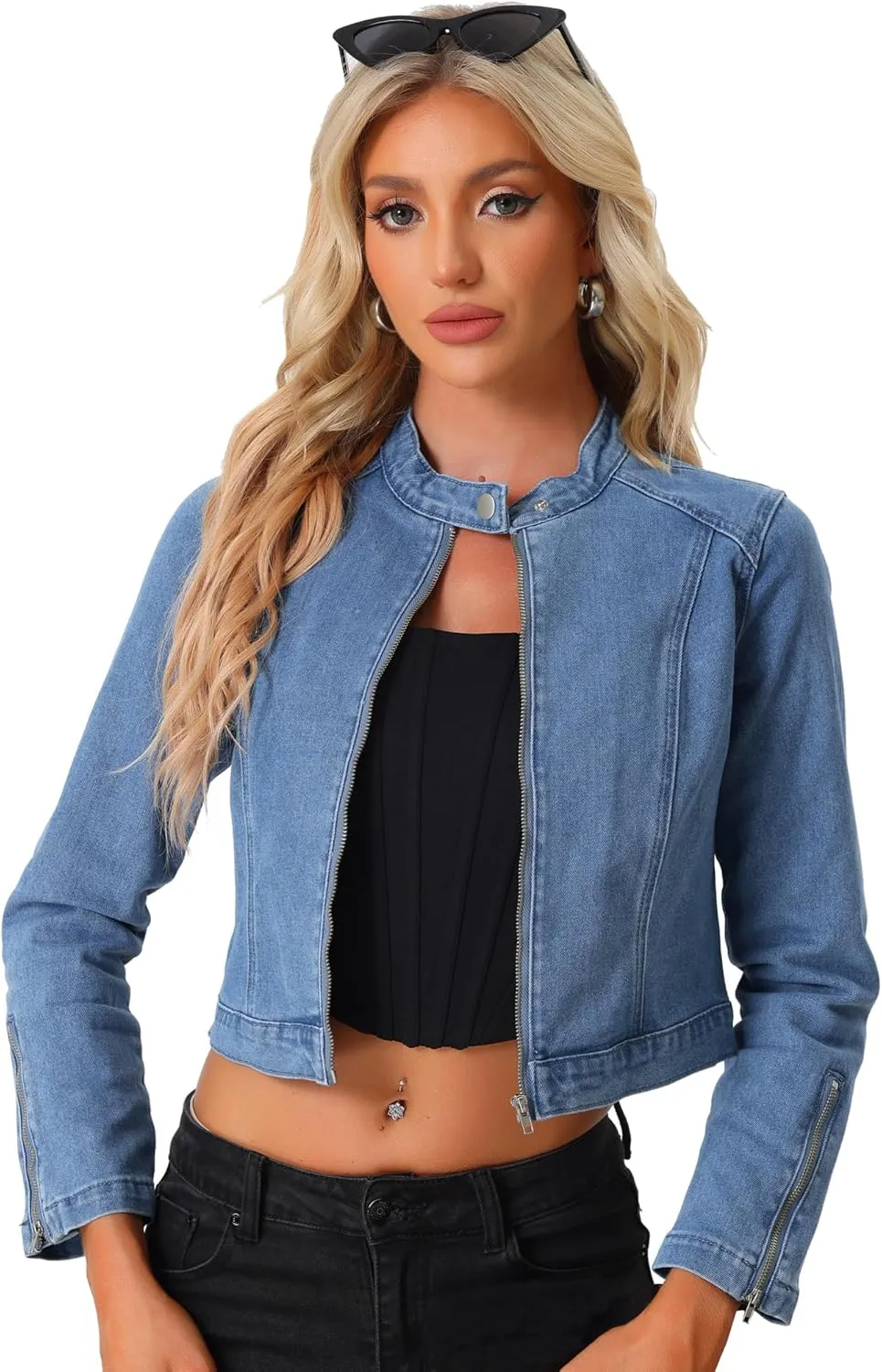 Allegra K Denim Jacket for Women's Long Sleeve Zip Up Casual Jean Jackets