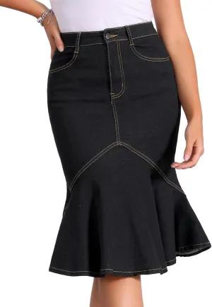 Allegra K Denim Jean Skirt for Women's High Waist Bodycon Ruffles Fishtail Skirts
