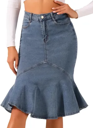 Allegra K Denim Jean Skirt for Women's High Waist Bodycon Ruffles Fishtail Skirts
