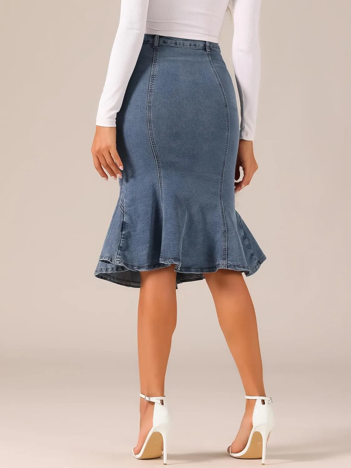 Allegra K Denim Jean Skirt for Women's High Waist Bodycon Ruffles Fishtail Skirts