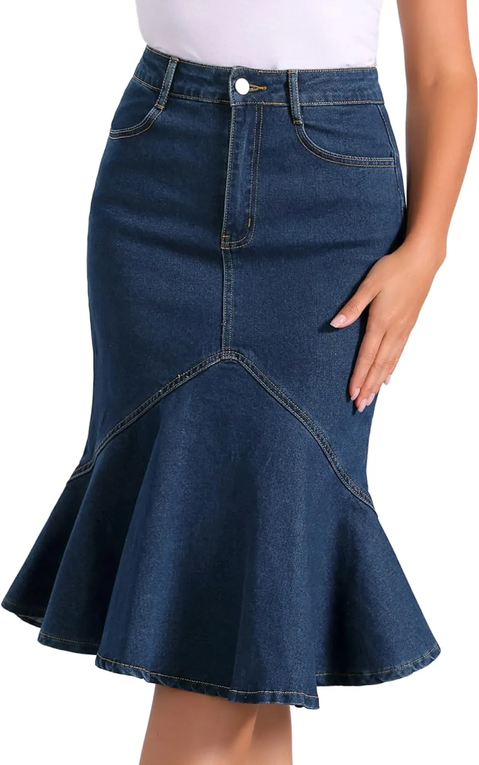 Allegra K Denim Jean Skirt for Women's High Waist Bodycon Ruffles Fishtail Skirts