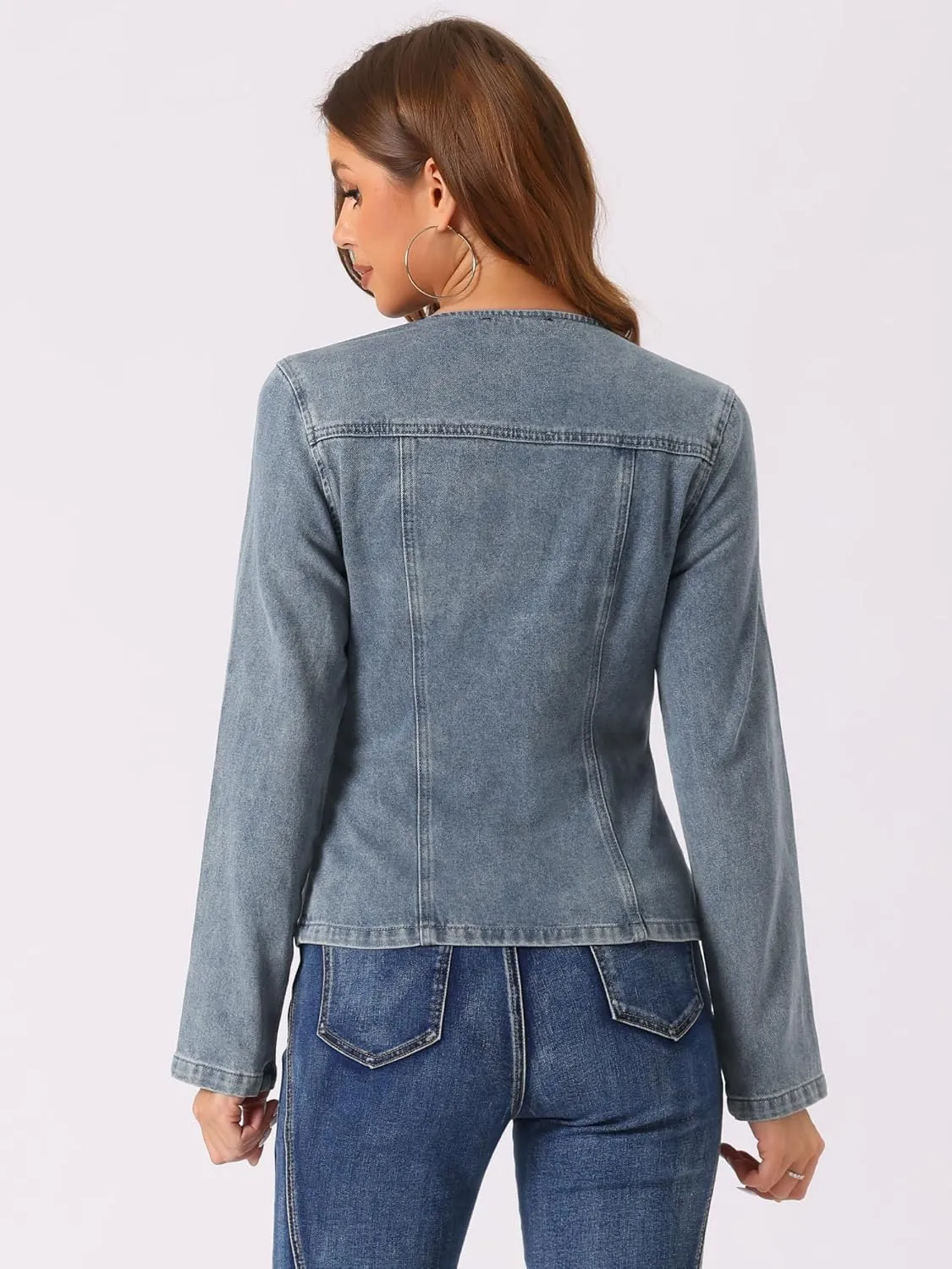 Allegra K Women Cropped Jean Jacket Long Sleeve Lapel Collar One Button Lightweight Stretchy Fitted Denim Shacket Jackets