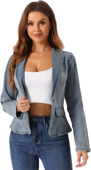 Allegra K Women Cropped Jean Jacket Long Sleeve Lapel Collar One Button Lightweight Stretchy Fitted Denim Shacket Jackets