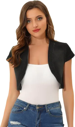 Allegra K Women's Denim Jacket Crop Casual Denim Cardigan Cap Sleeve Summer Outfits Jean Jacket Shrug