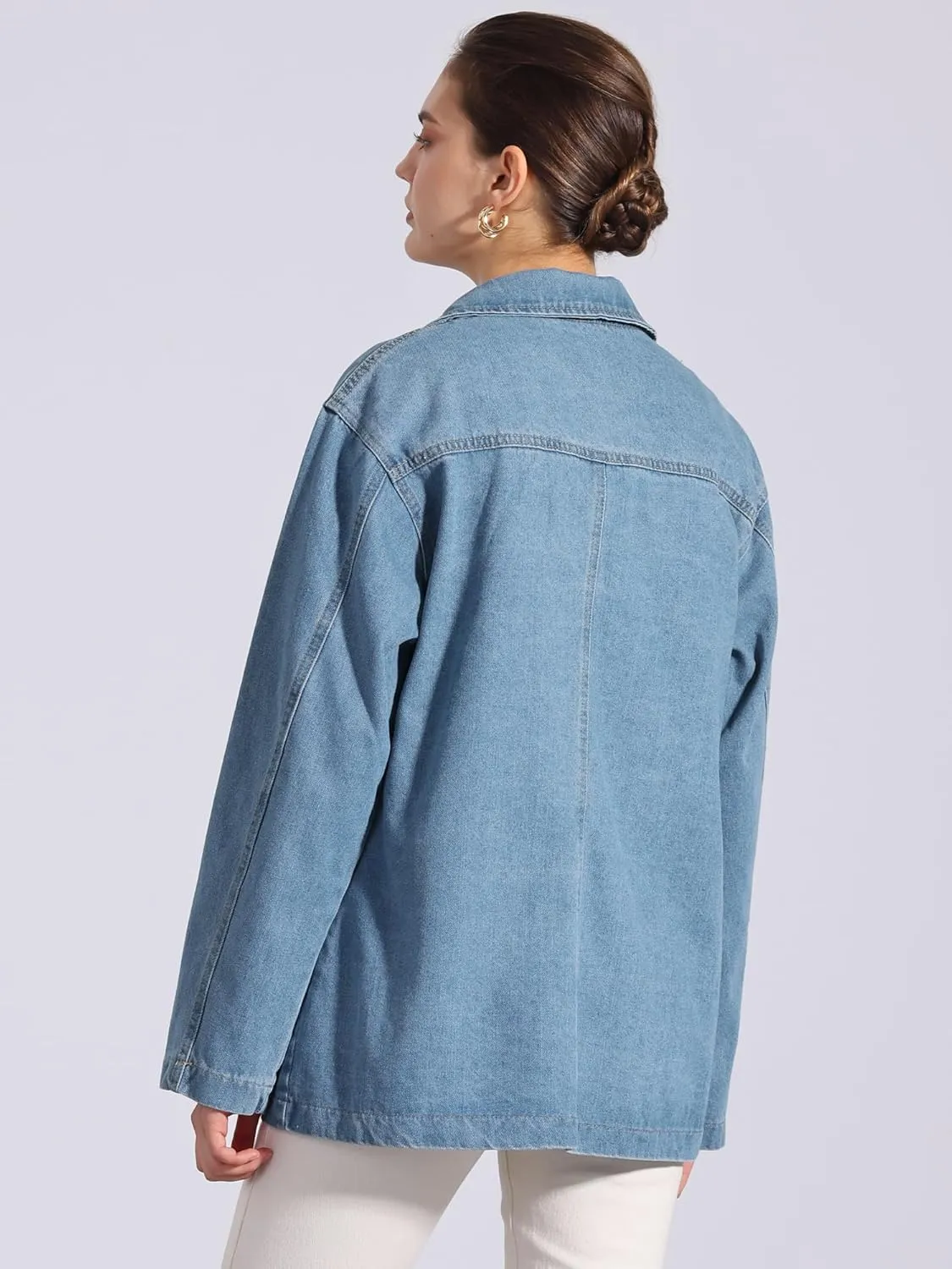 Allegra K Women's Denim Jacket Long Sleeve Button Down Pockets Casual Work Office Oversized Jean Jackets