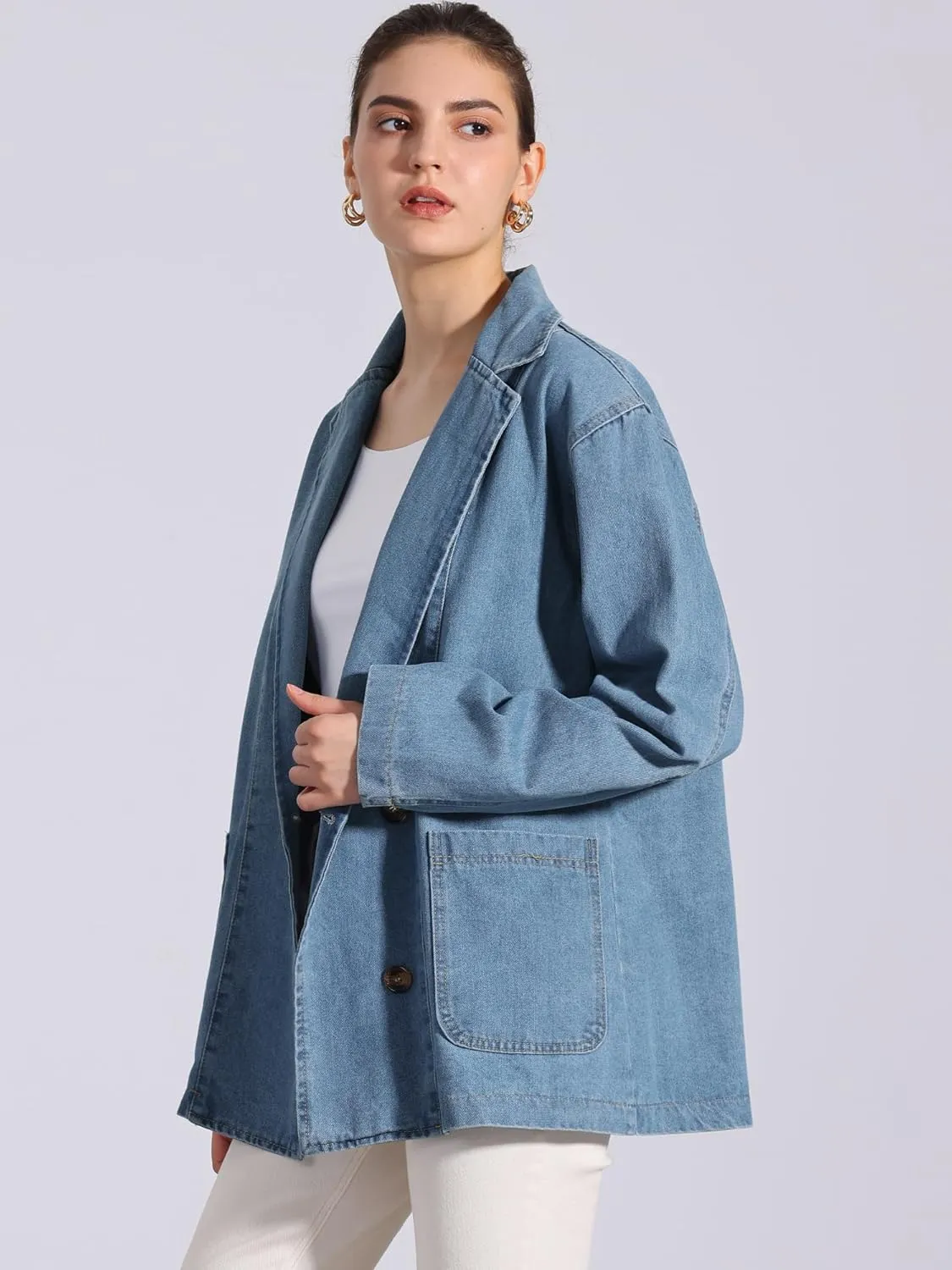 Allegra K Women's Denim Jacket Long Sleeve Button Down Pockets Casual Work Office Oversized Jean Jackets