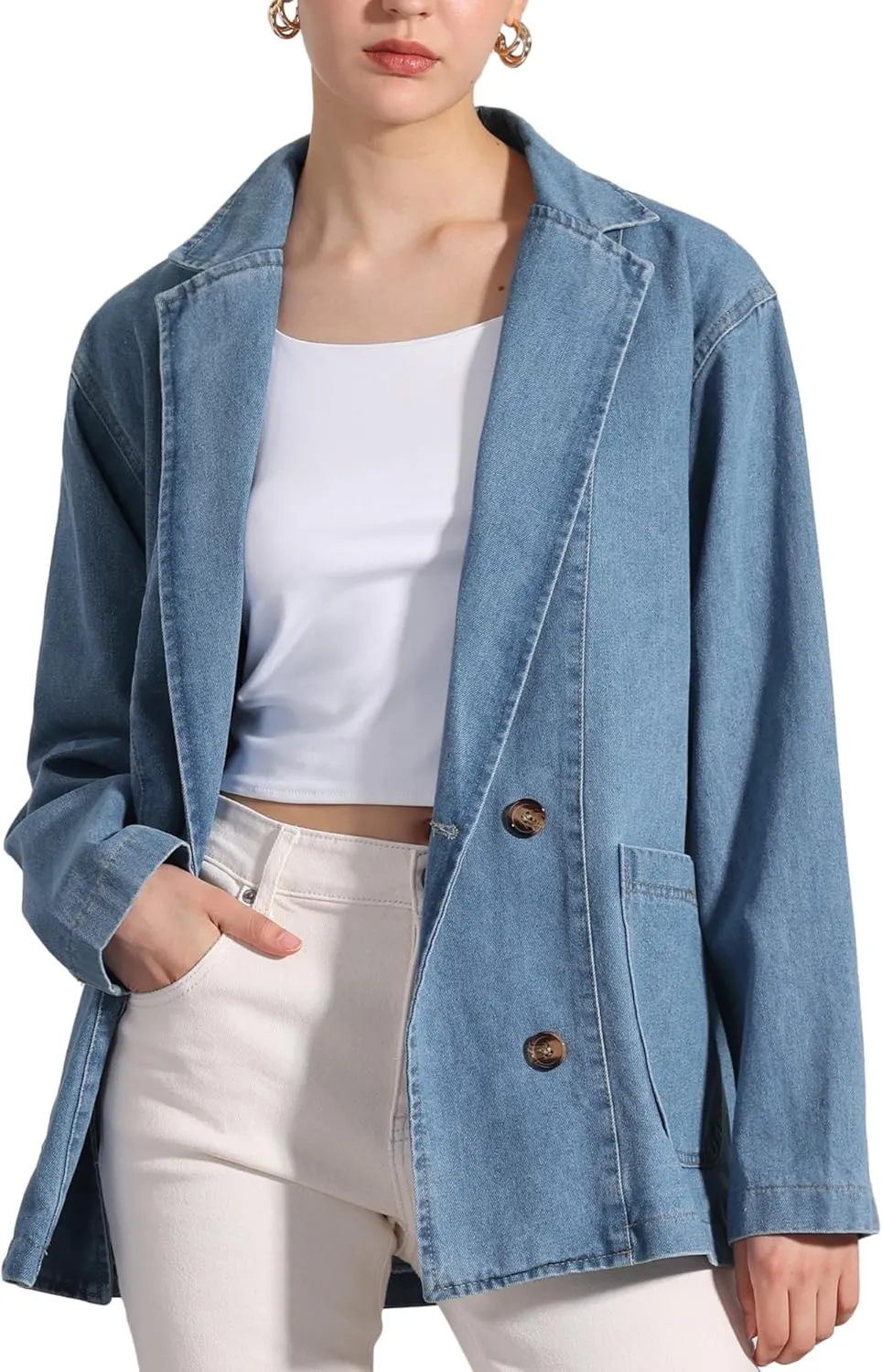 Allegra K Women's Denim Jacket Long Sleeve Button Down Pockets Casual Work Office Oversized Jean Jackets