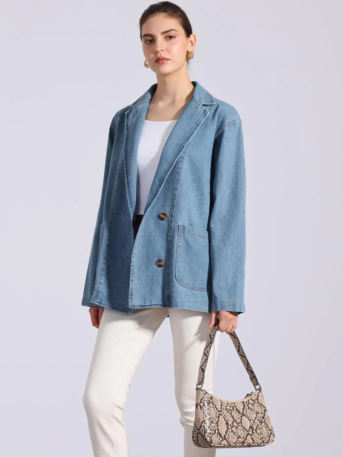 Allegra K Women's Denim Jacket Long Sleeve Button Down Pockets Casual Work Office Oversized Jean Jackets