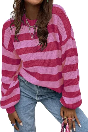 Allimy Women's Crewneck Color Clock Striped Cable Knit Sweaters for Women Fashion Trendy 2025 Lightweight Fall Outfits