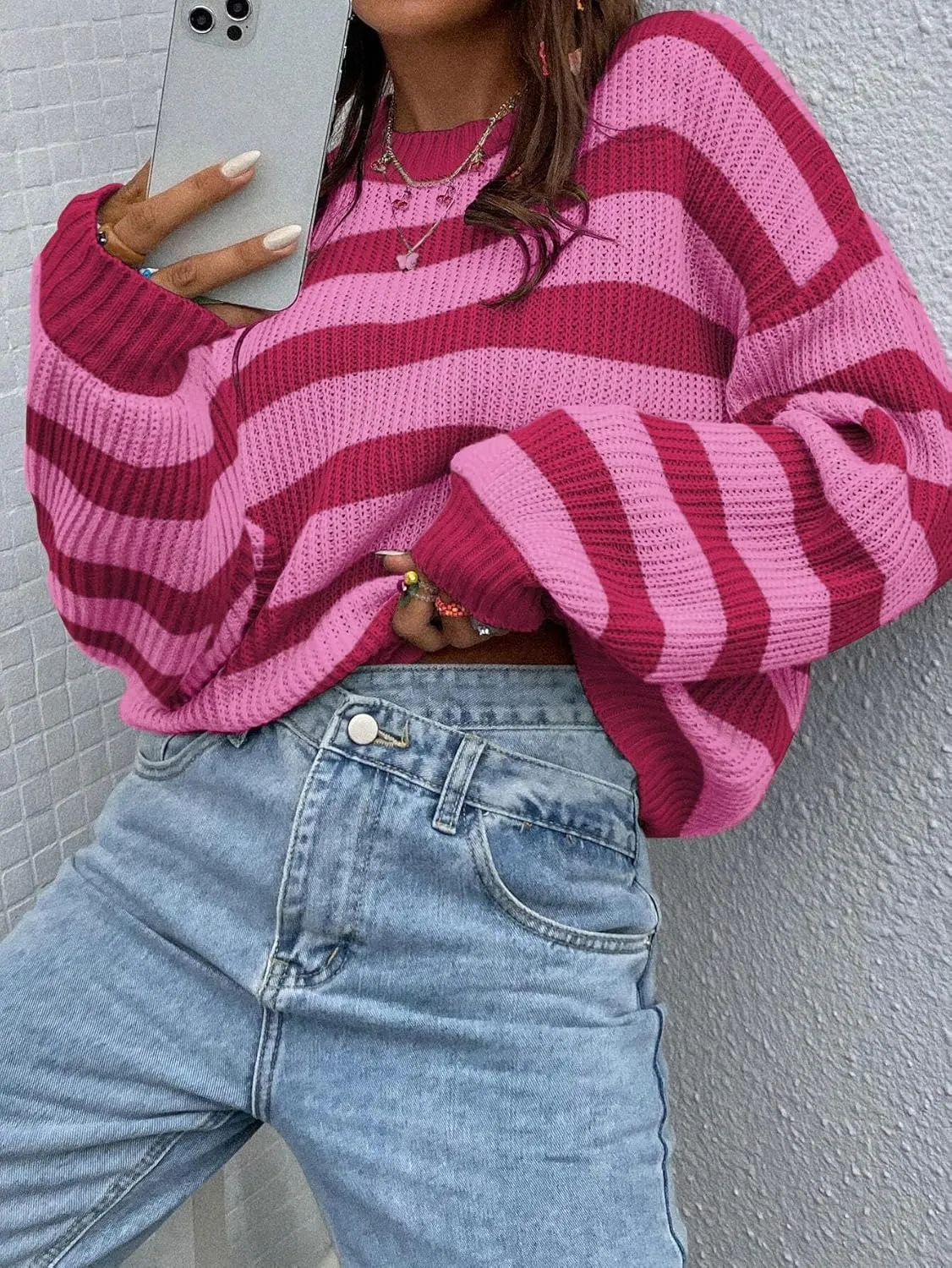 Allimy Women's Crewneck Color Clock Striped Cable Knit Sweaters for Women Fashion Trendy 2025 Lightweight Fall Outfits