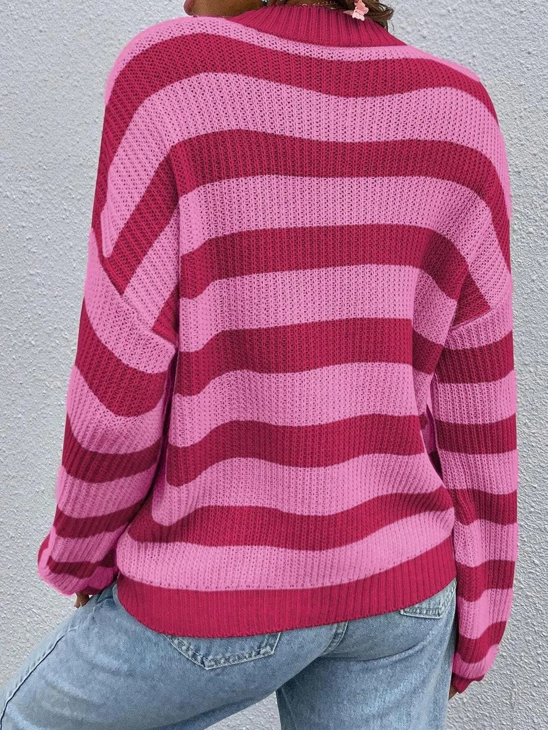Allimy Women's Crewneck Color Clock Striped Cable Knit Sweaters for Women Fashion Trendy 2025 Lightweight Fall Outfits