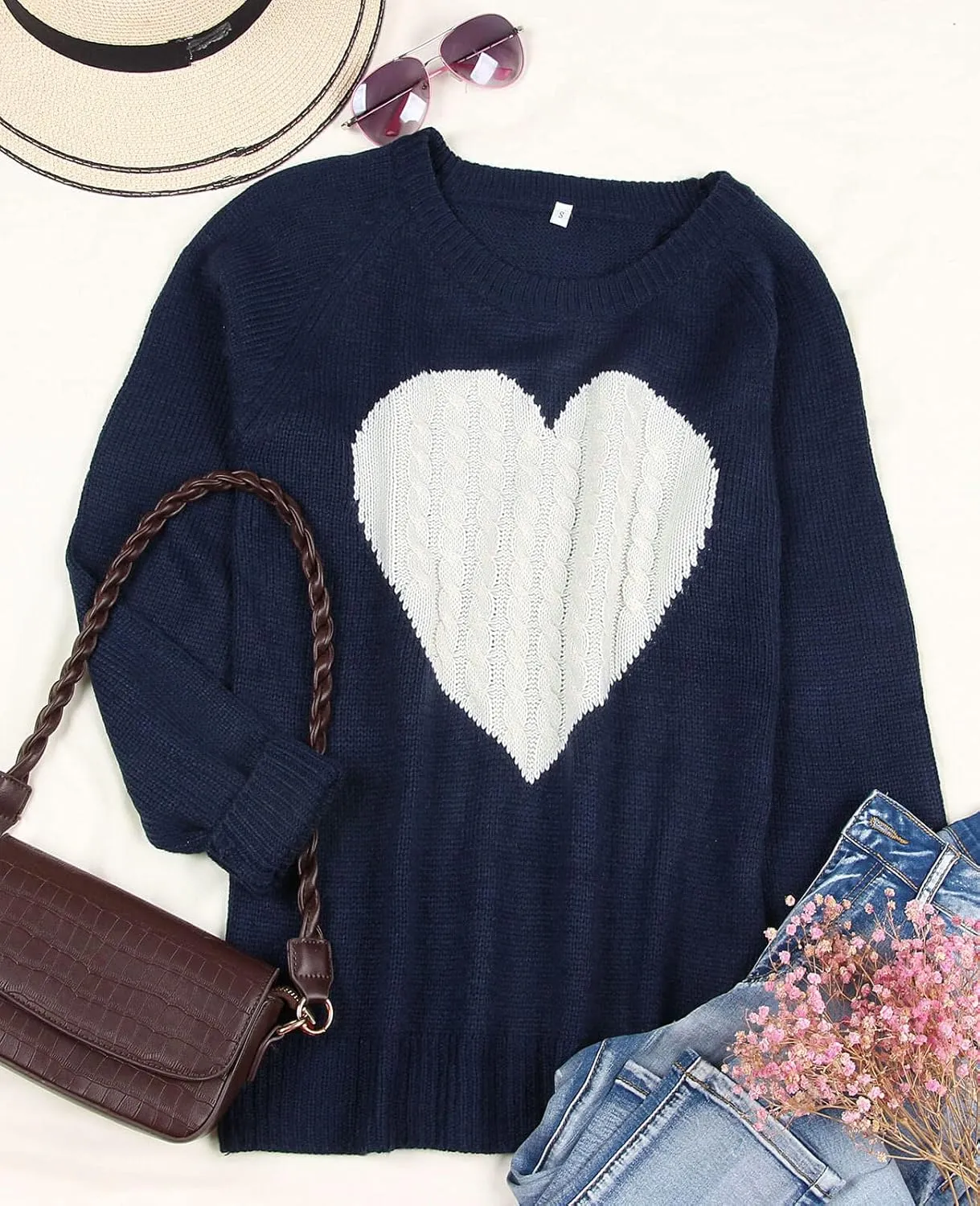 Alsol Lamesa Women's Cute Heart Sweater Long Sleeve Crewneck Pullover Ribbed Knit Casual Sweaters
