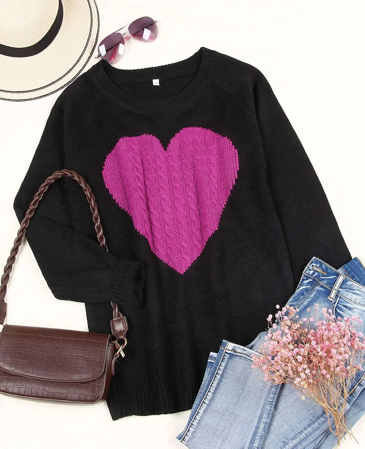Alsol Lamesa Women's Cute Heart Sweater Long Sleeve Crewneck Pullover Ribbed Knit Casual Sweaters