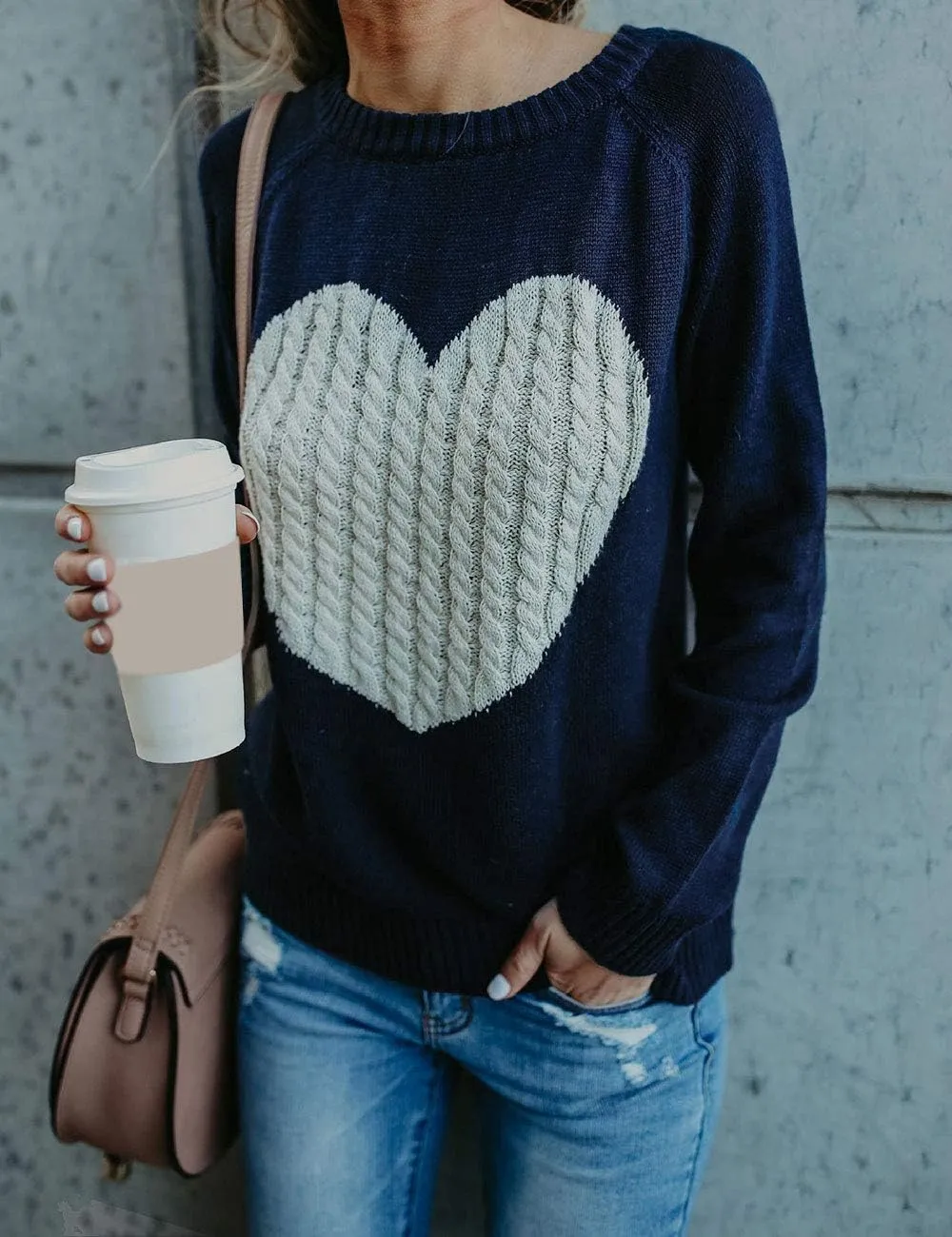 Alsol Lamesa Women's Cute Heart Sweater Long Sleeve Crewneck Pullover Ribbed Knit Casual Sweaters