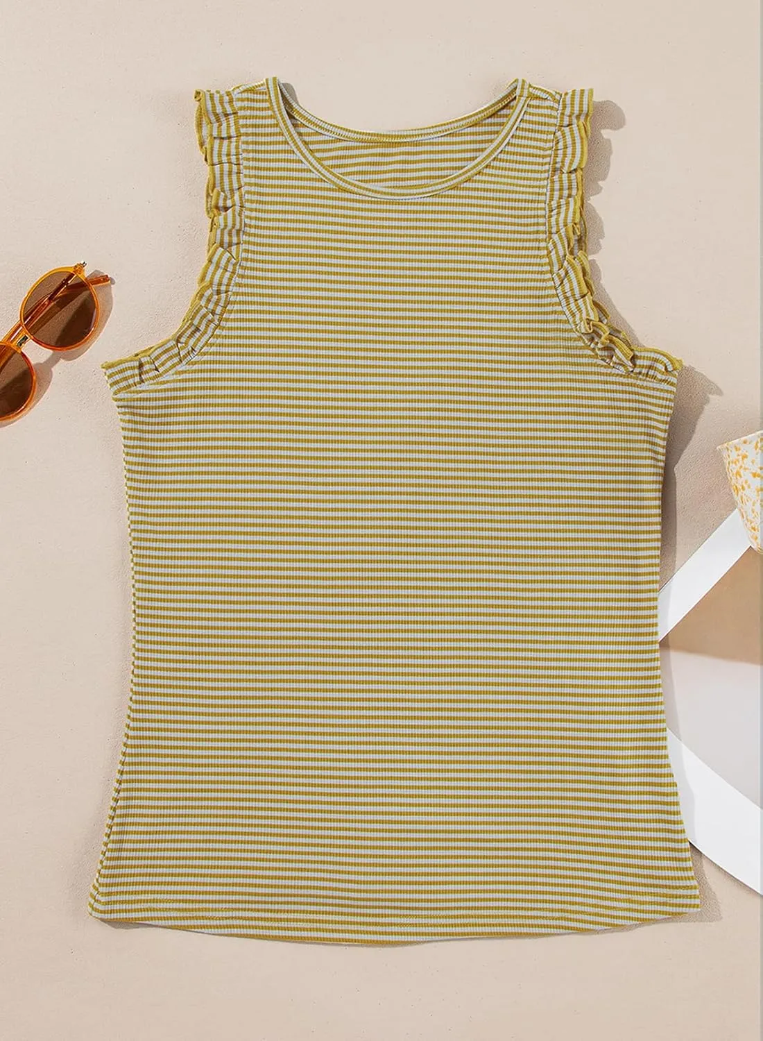 AlvaQ Womens Tank Tops 2024 Summer Casual Basic Striped Crewneck Ruffle Sleeveless Shirts