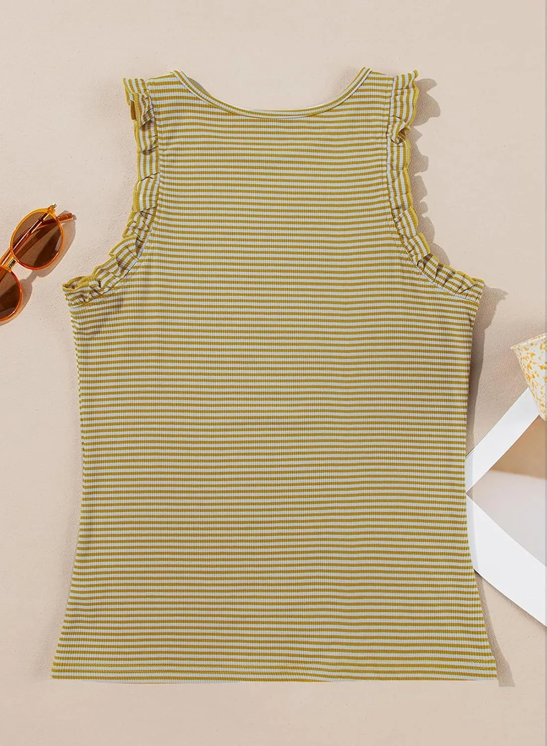 AlvaQ Womens Tank Tops 2024 Summer Casual Basic Striped Crewneck Ruffle Sleeveless Shirts