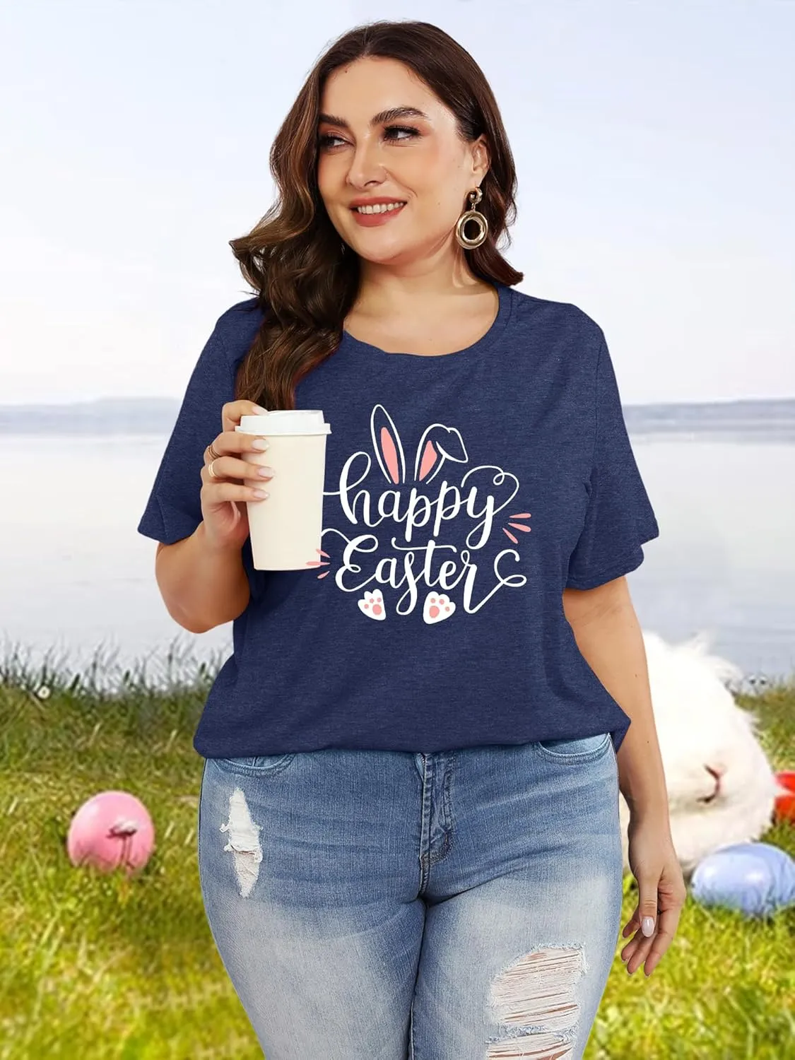 Anbech Plus Size Tshirt for Women Crewneck Graphic Tees Summer Outfits Short Sleeve Casual Shirt