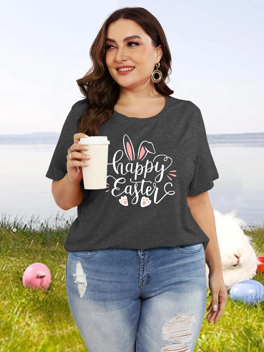 Anbech Plus Size Tshirt for Women Crewneck Graphic Tees Summer Outfits Short Sleeve Casual Shirt