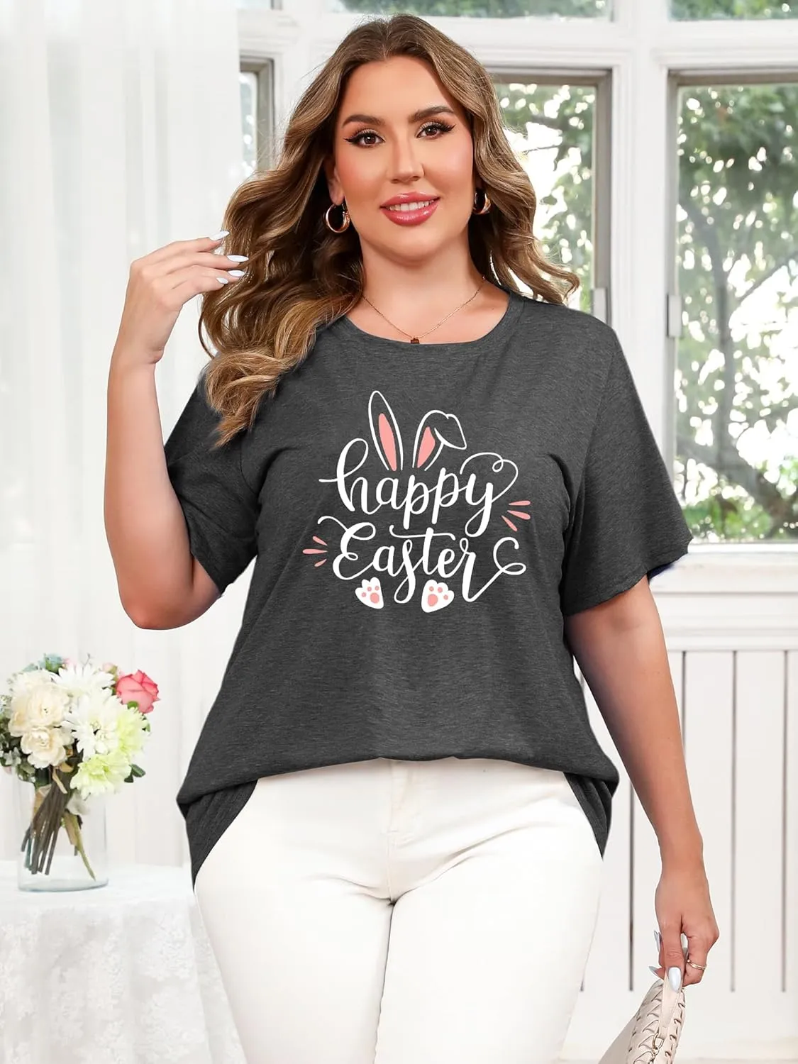 Anbech Plus Size Tshirt for Women Crewneck Graphic Tees Summer Outfits Short Sleeve Casual Shirt