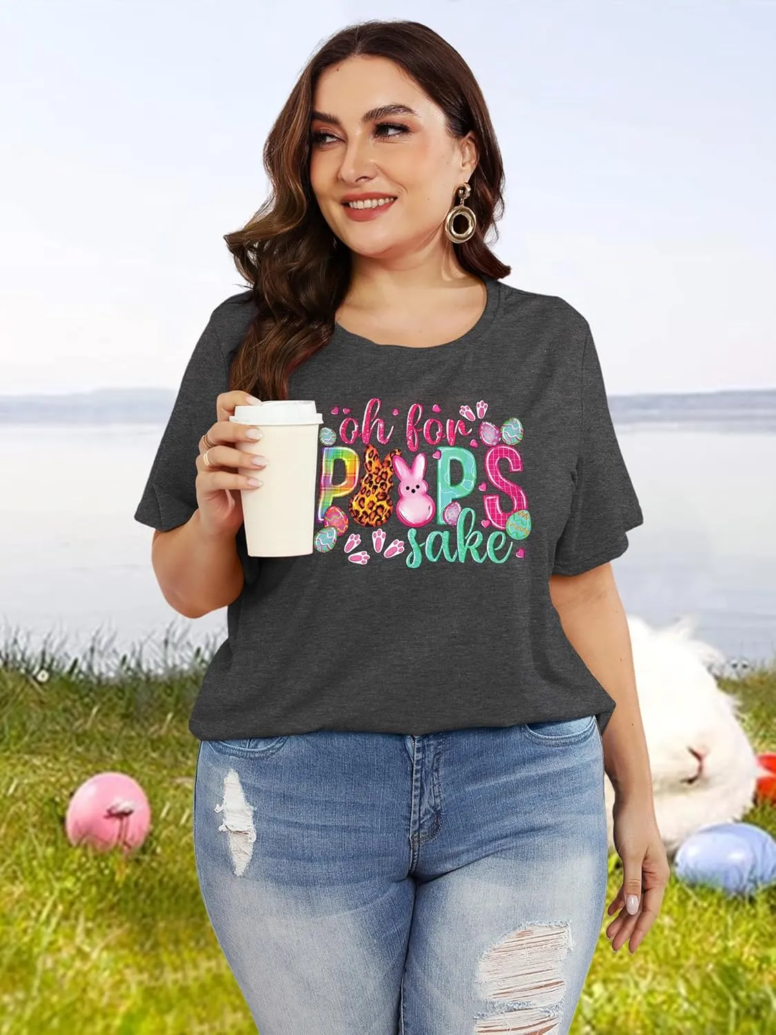 Anbech Plus Size Tshirt for Women Crewneck Graphic Tees Summer Outfits Short Sleeve Casual Shirt